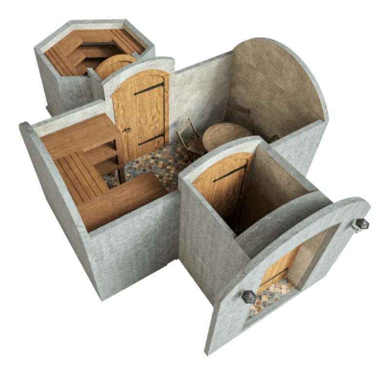Cellar 16.2 cutaway plan: entrance plus two vaulted storage rooms