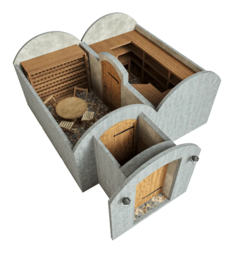 Cellar 21.4 cutaway plan: entrance and two storage rooms with tasting table