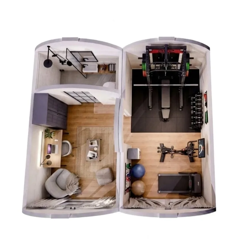 Top-down hybrid layout: office and lounge zone one side, fully kitted gym with rack, weights and treadmill the other