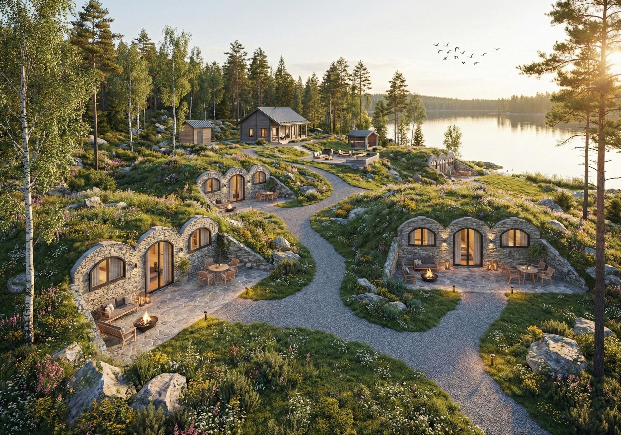 Real hobbit houses in the UK: aerial concept of earth-sheltered lakeside retreats with stone arches and living roofs