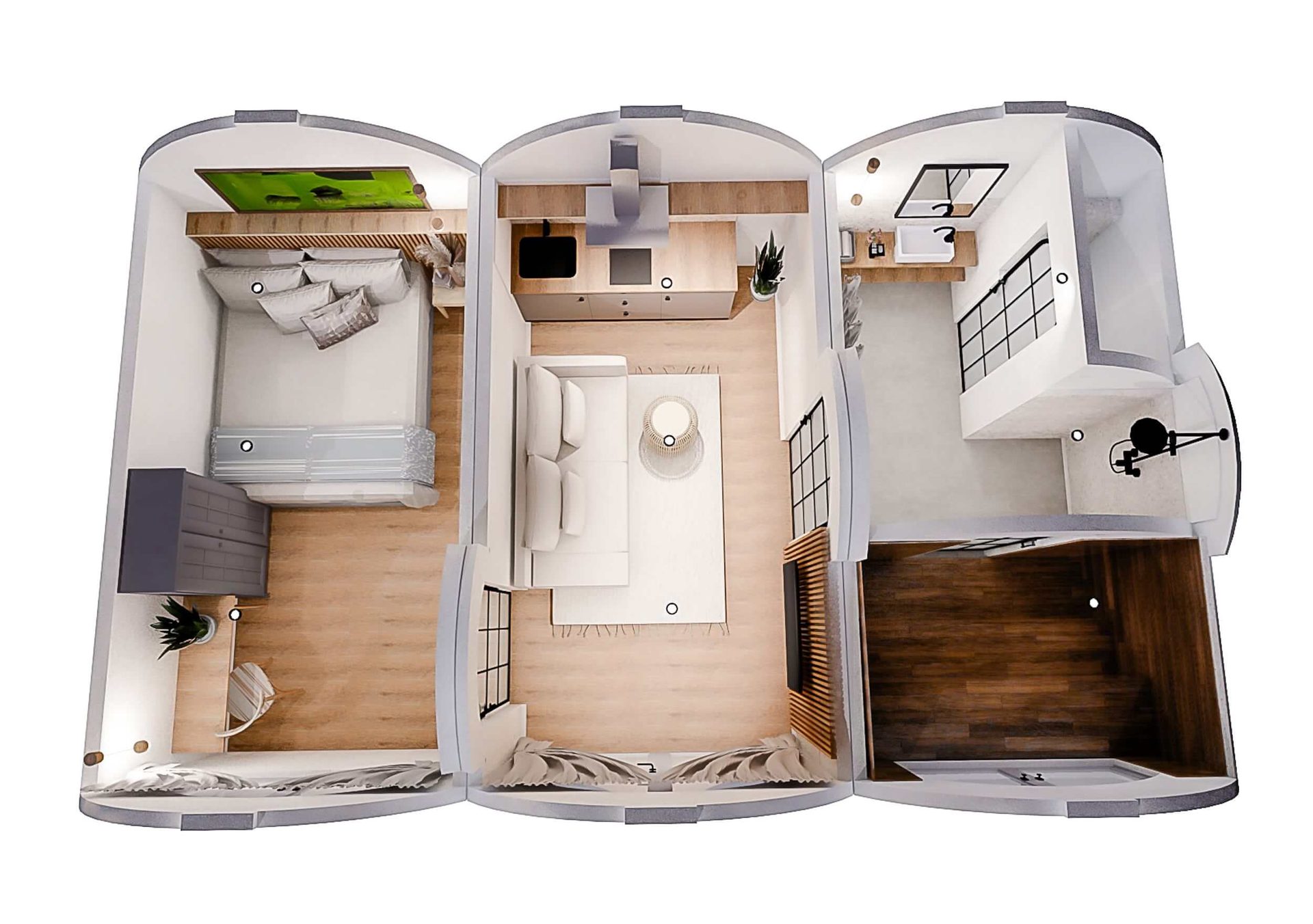 Modular 30 floorplan: bedroom, open living and kitchen, bathroom