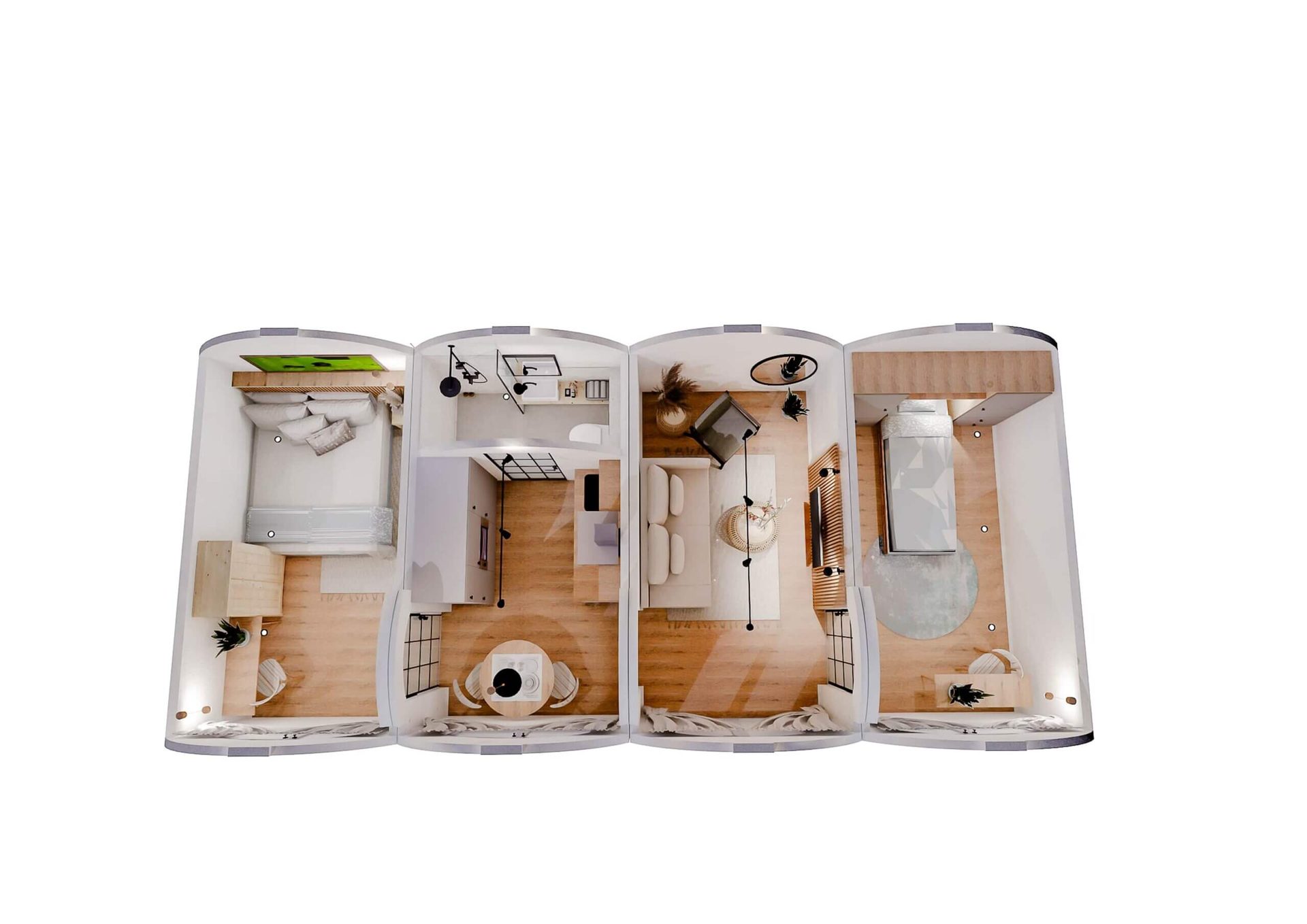 Top-down cutaway render of a vaulted modular home
