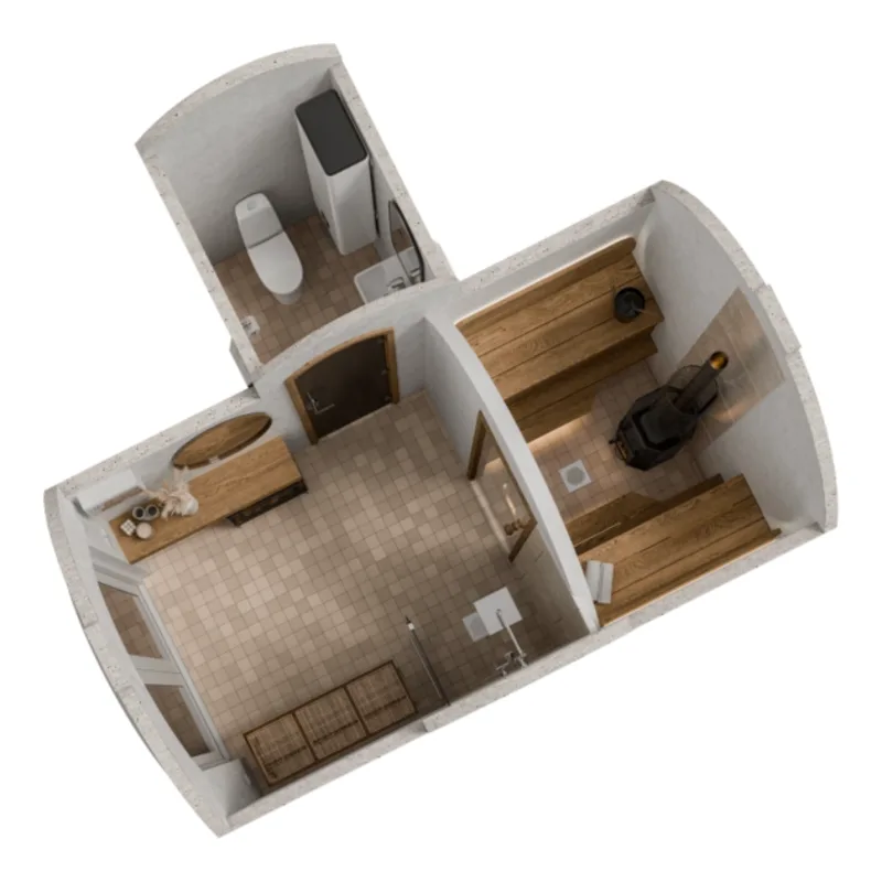 Cave Sauna 11.7 floor plan: sauna, washroom and entrance
