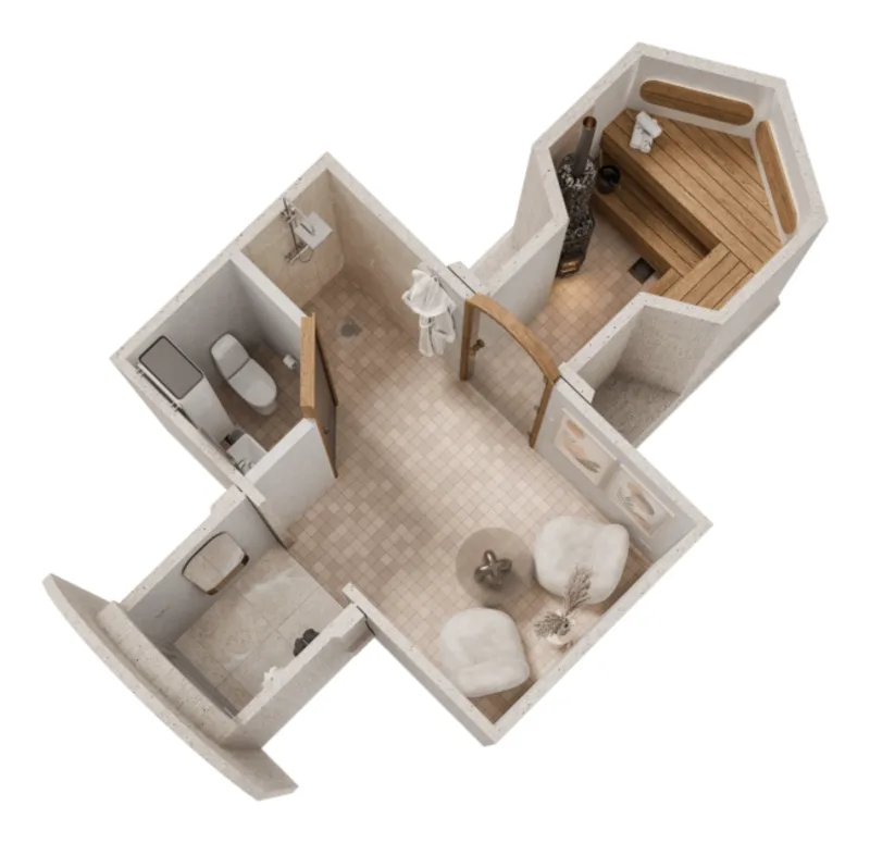 Cave Sauna 19.4 floor plan: glass entrance, shower room and sauna