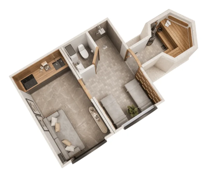 Cave Sauna 23.9 floor plan: sauna, kitchen, living area and bathroom
