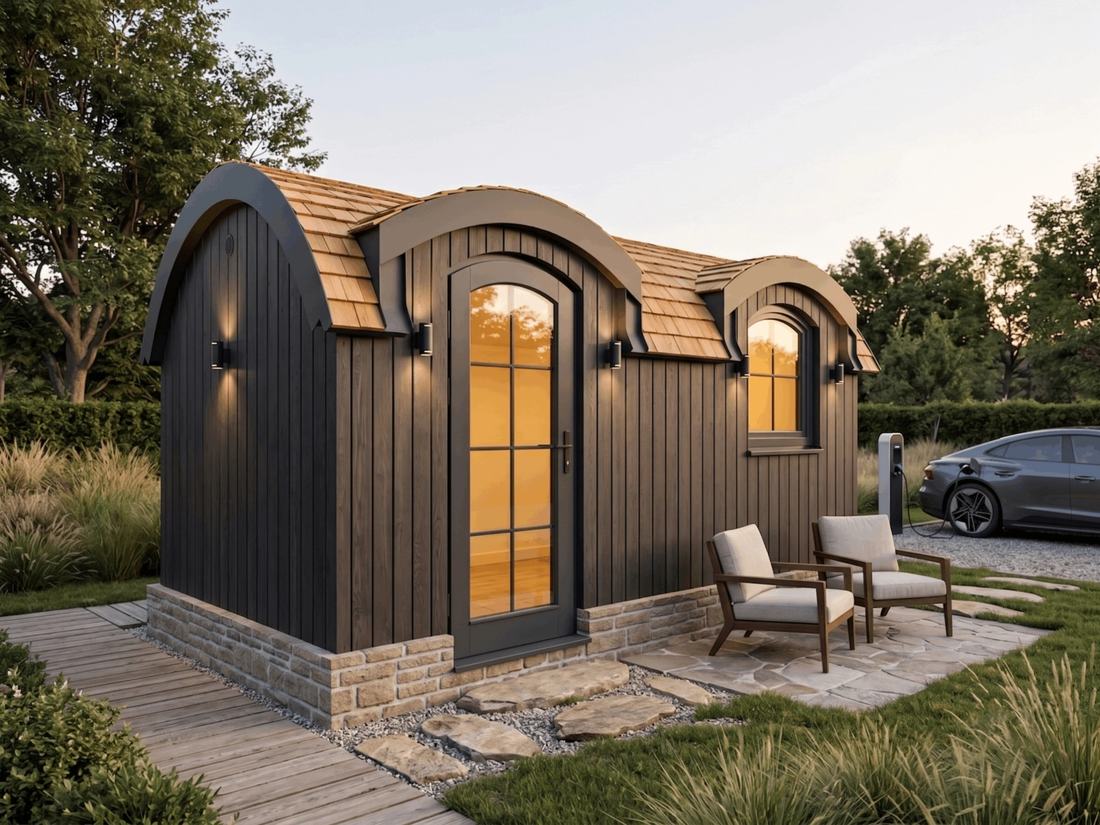 OPEN 10 garden pod: dark timber pod with arched shingle roof, terrace and seating